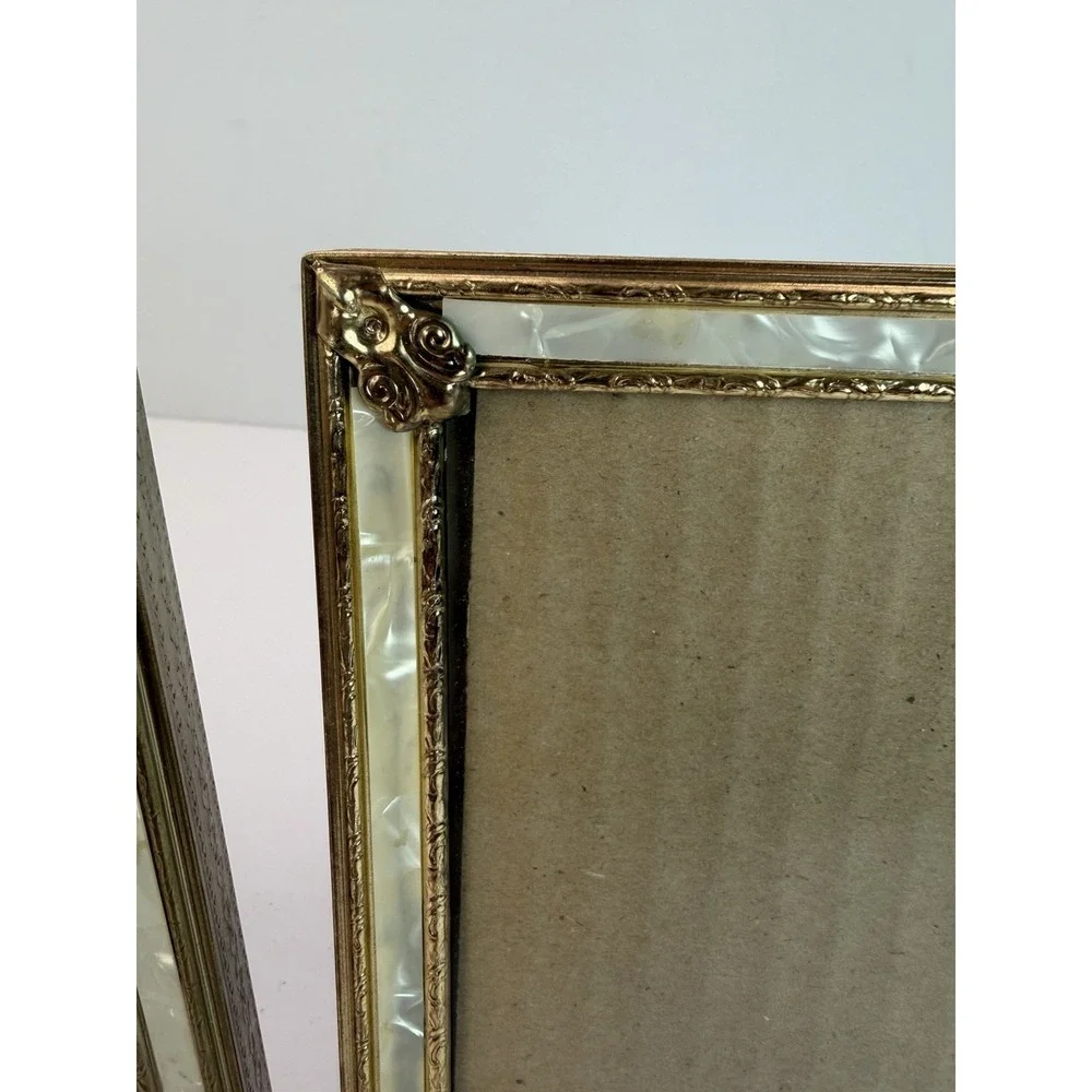 Vintage Stand Up Photo Frames Gold Brass Tone Metal Pearl Color Accent Lot 2 4x6